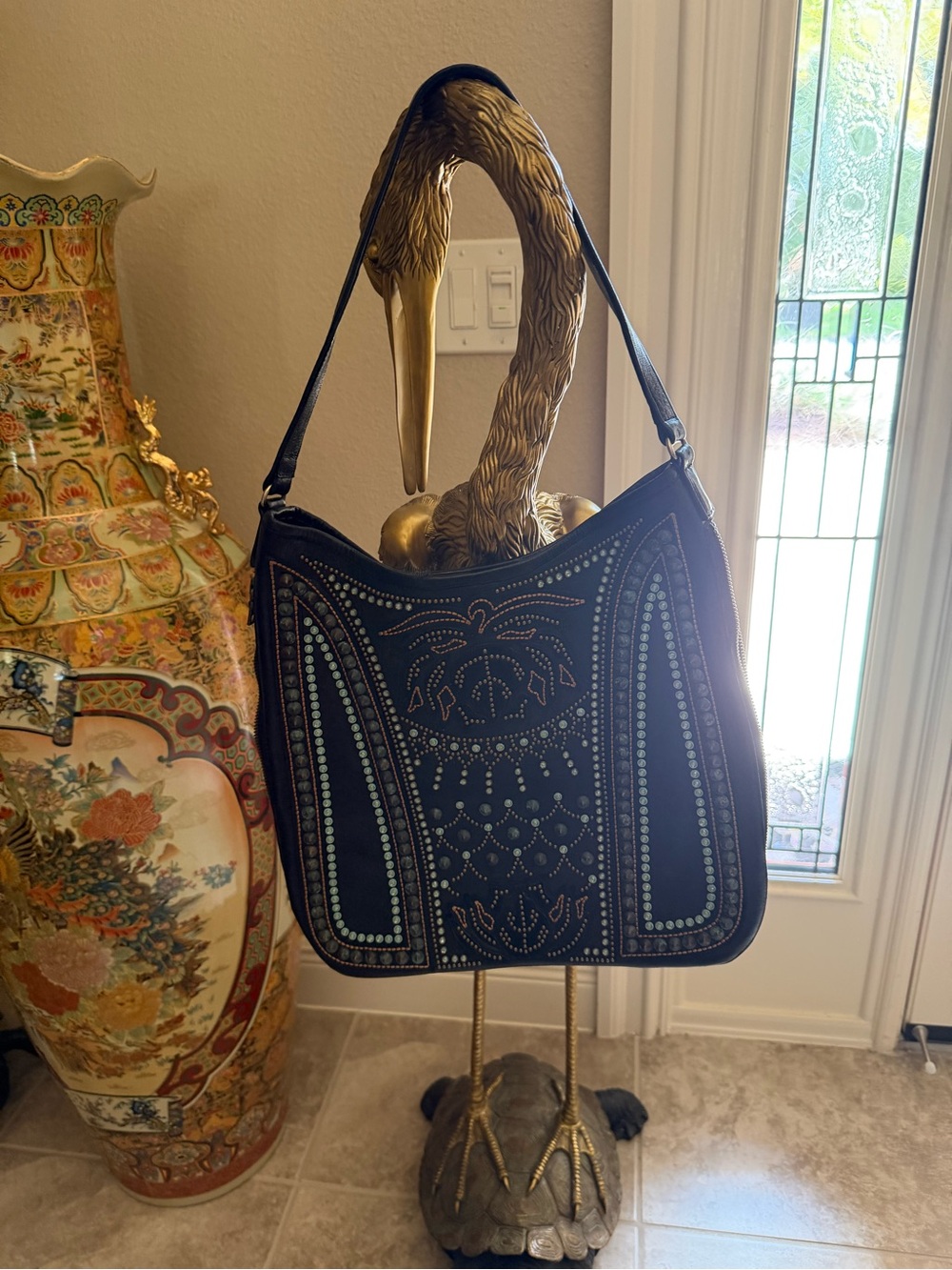 Black leather and turquoise crystal Kippey Handbag